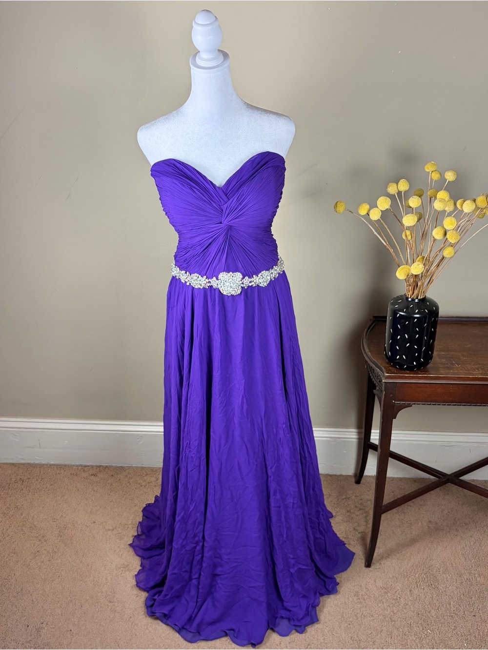 Jovani 100% Silk Royal Purple Evening Gown Size 14 Ruched with Embellished waist